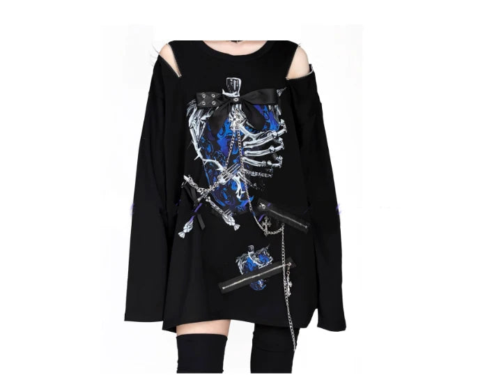 New Off-the-shoulder Subculture Cotton Tee Japanese Punk Gothic Print Dark Loose T-shirt Short/Long Sleeves Y2K Girls Cool Tops
