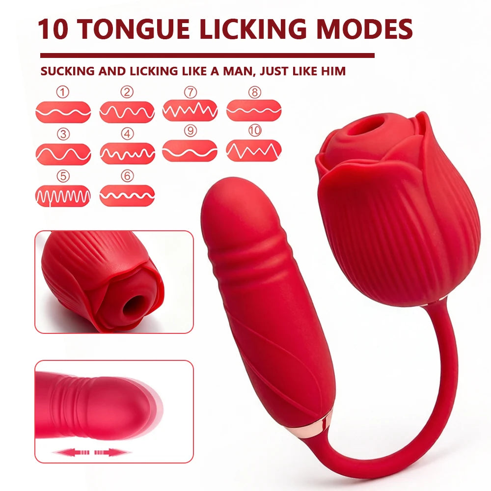 Rose-Sucking Thrusting Dildo Vibrator for Women Nipple Clit Stimulator Vibrating Egg Tongue Licking Clitoris Sucker Sex Toys