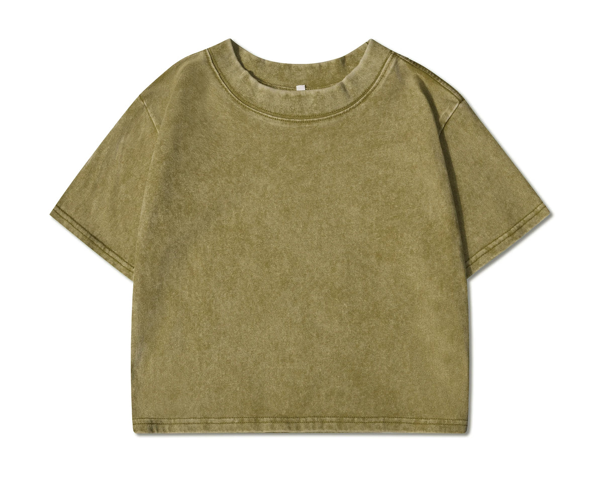 100% Cotton Washed O-Neck Crop T-Shirt