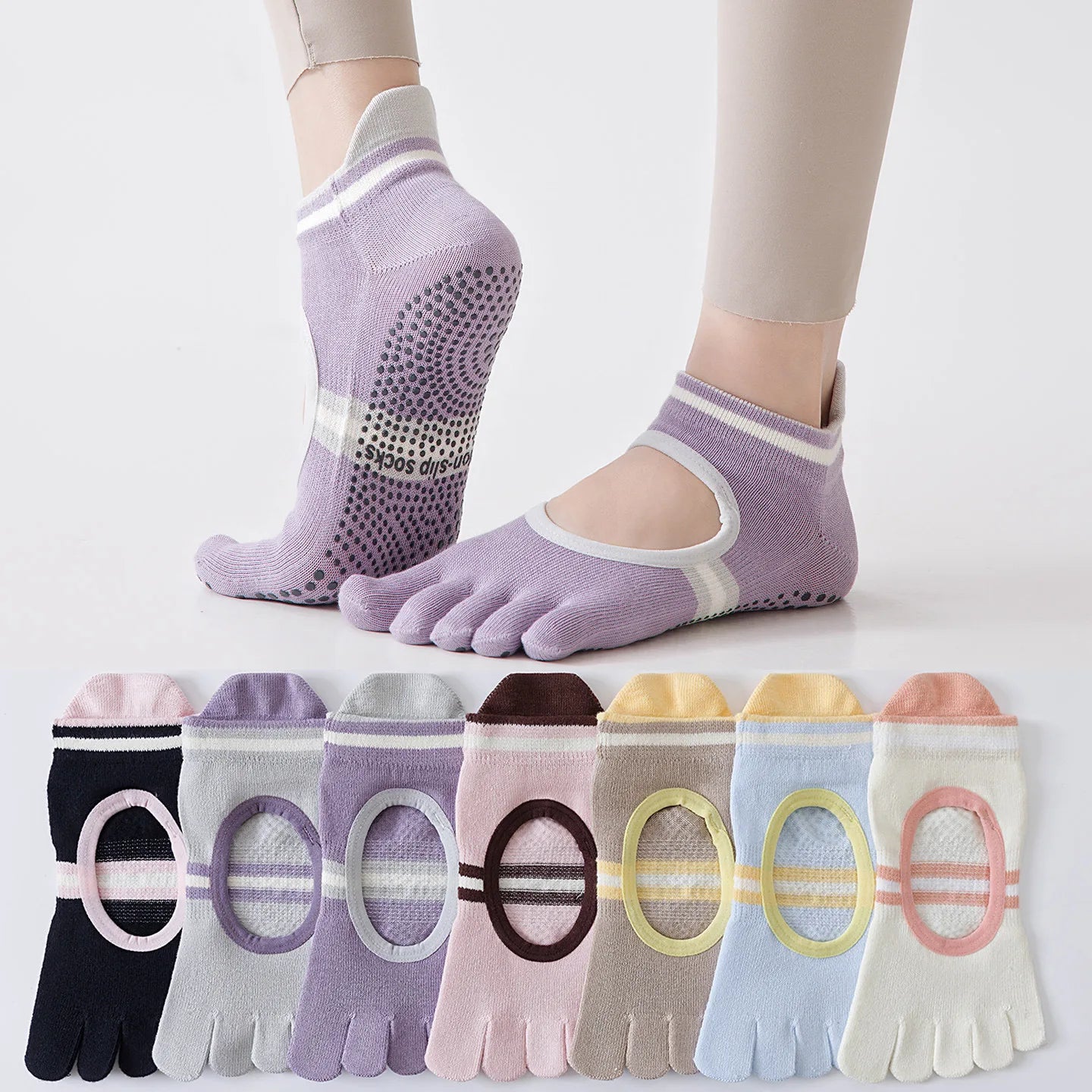 Full Toe Yoga Socks Woman Silicone Non-slip Grip Pilates Five Toe Low-ankle Toeless Sock