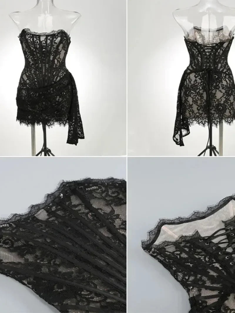 Sexy Lace See-through Corset Dress Patchwork High Waist Dress Elegant Printed Strapless Slim Evening Dress Tube Top Dress New