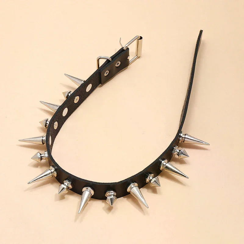 Long Spike Choker Punk Faux Leather Collar  Goth Style Necklace Accessories