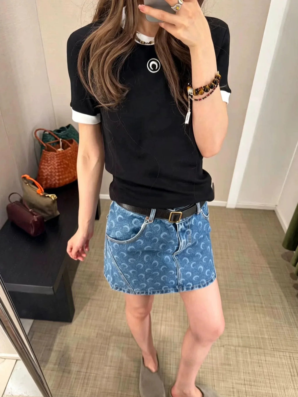 Embroidered Moon Tshirt Women Summer Short Sleeve Round Neck Color Contrast Casual Streetwear Versatile New High Street Tops