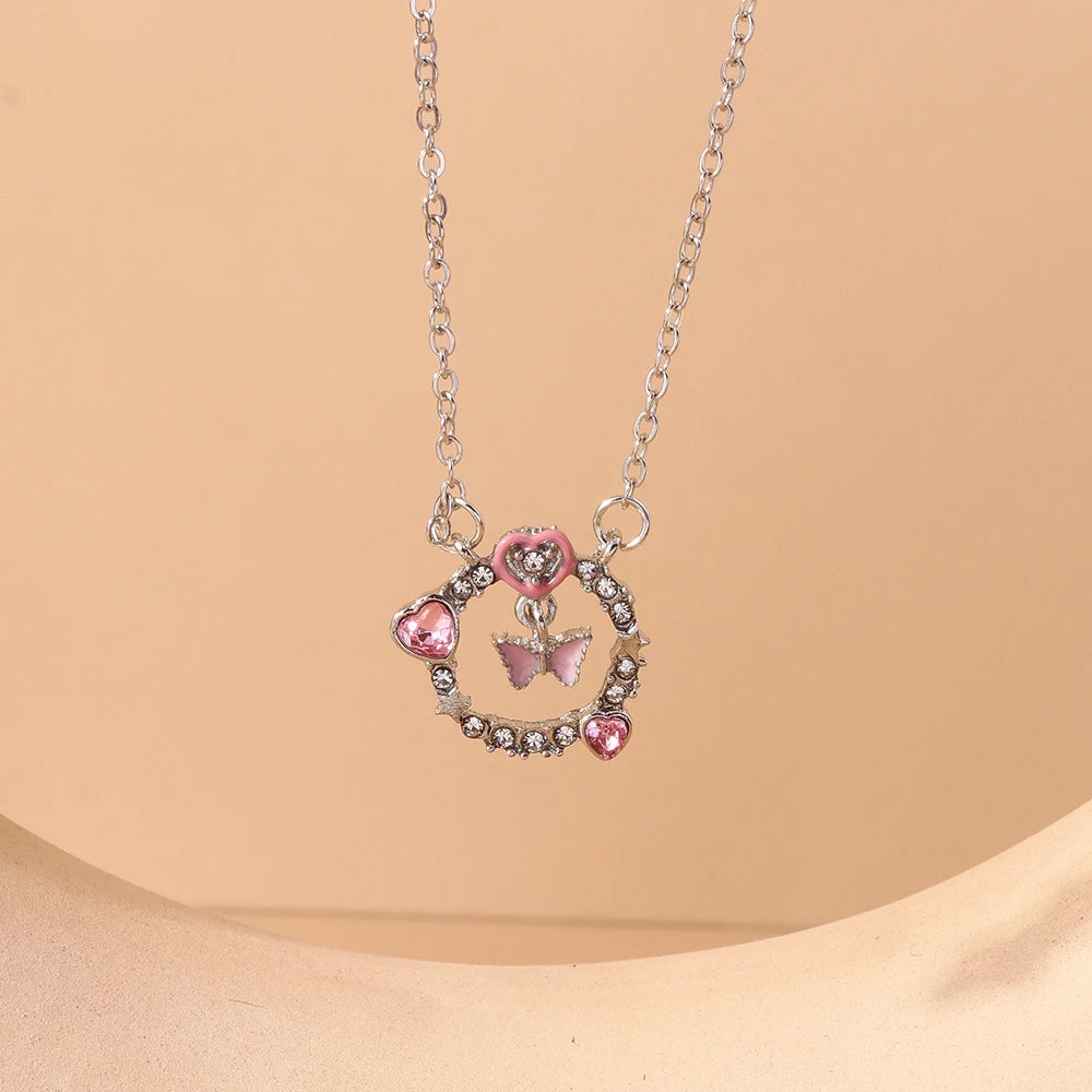 Pink Zircon Heart & Bow Pendant Necklace