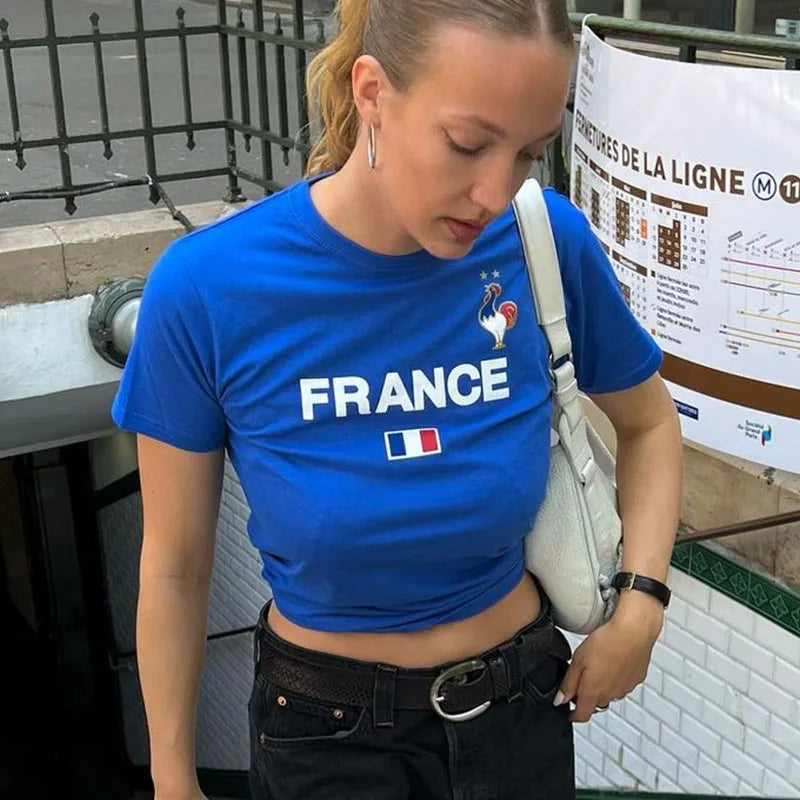 Blue France Letter Y2K Baby Tee
