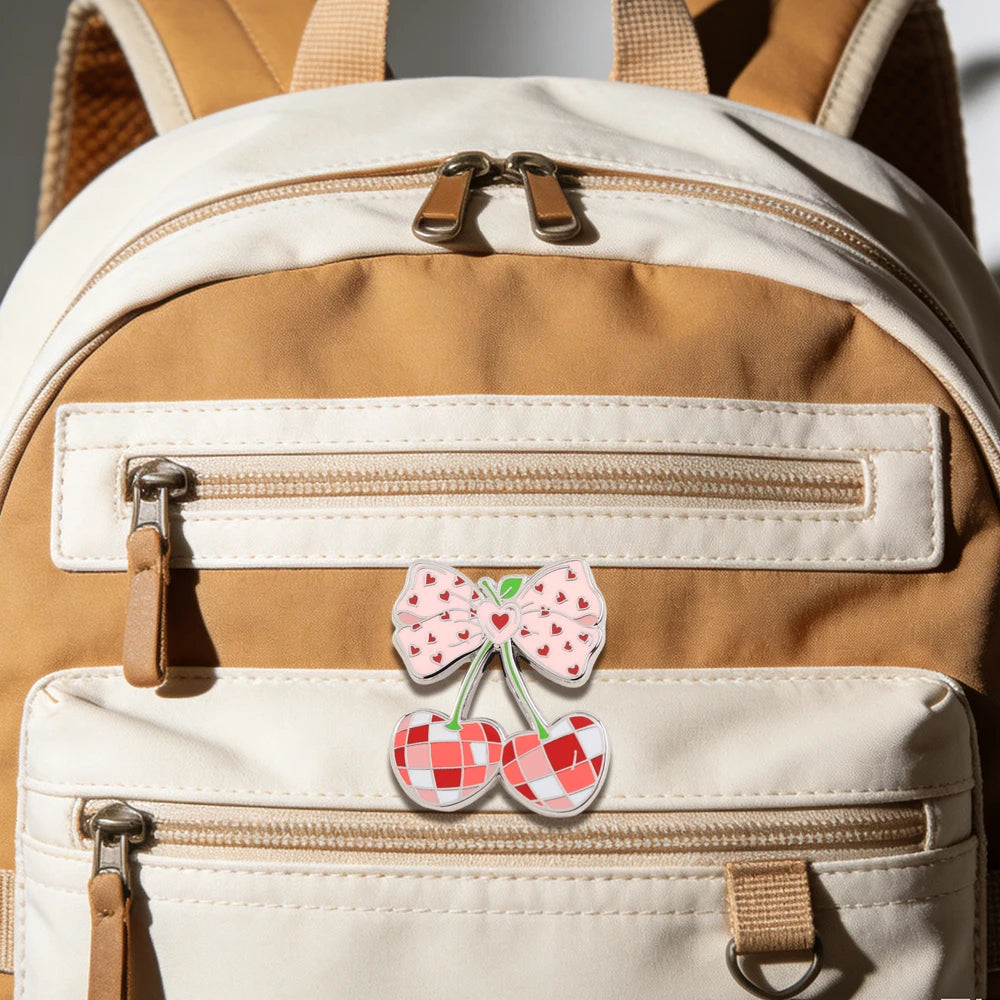 Plaid Cherry Bow Enamel Brooch