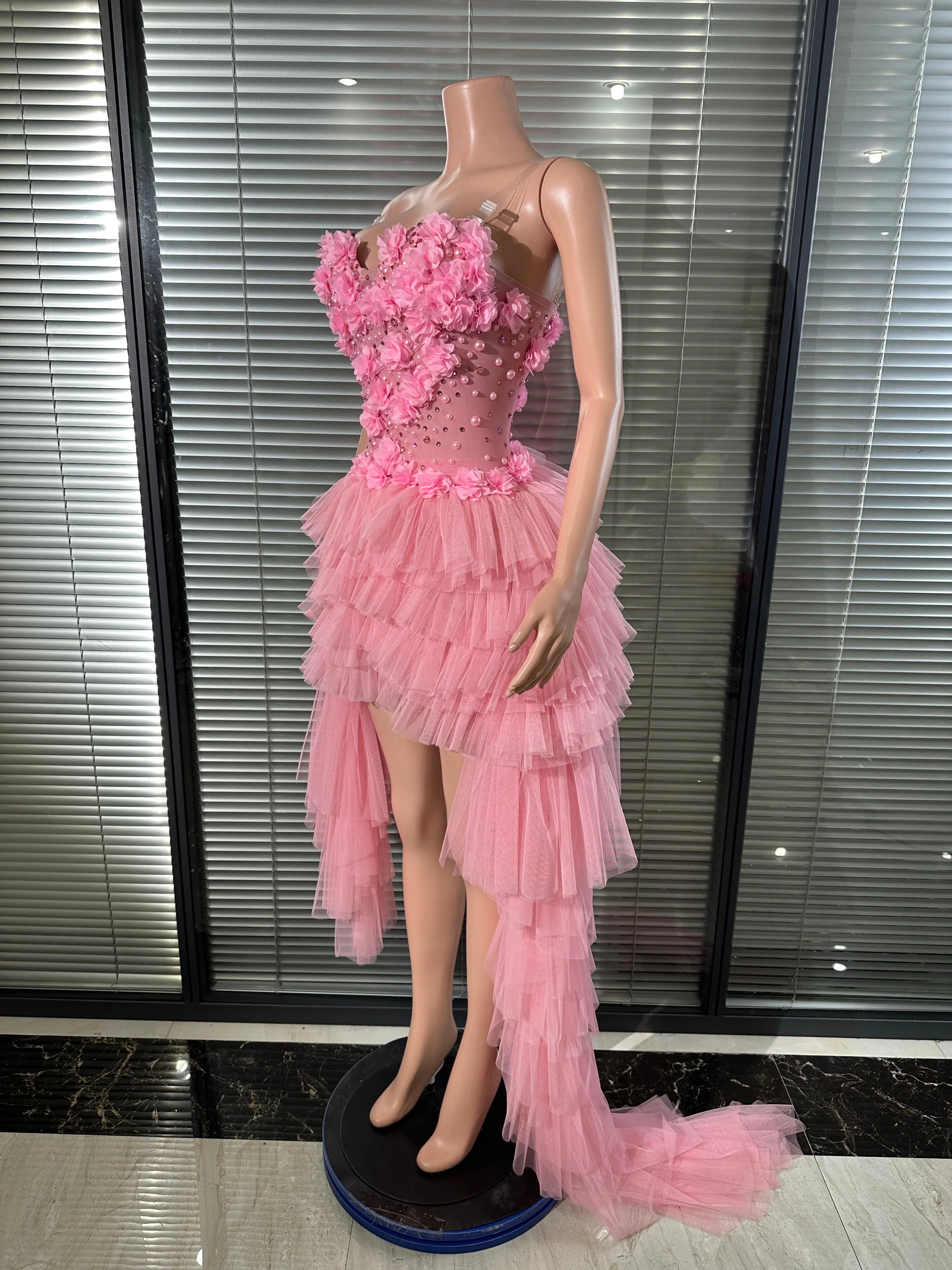 Sexy Pink 3D Floral Tulle Mini Dress Spaghetti Strap Rhinestone Embellished Layered Tulle High Low Outfit Birthday Party Costume