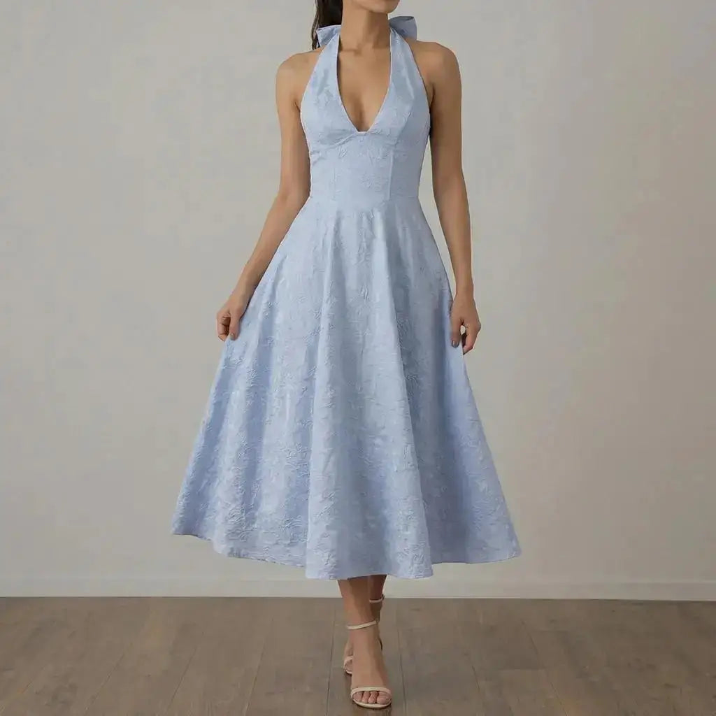 Sexy Bow Backless Women's Summer Long Dress Elegant Jacquard Waist Wrap Halter V-Neck Sleeveless Evening Party Maxi Dresses
