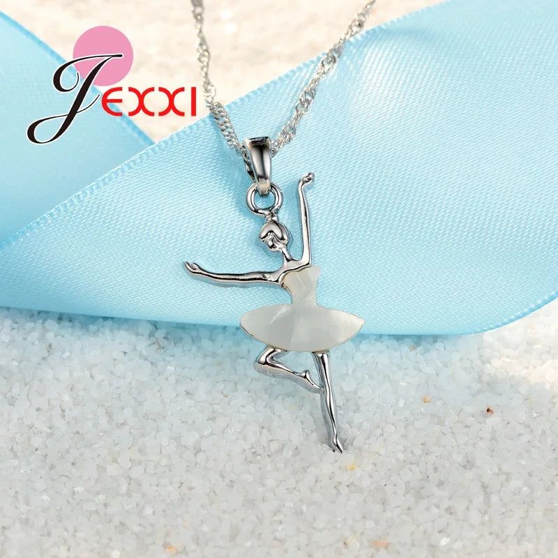 White Dancing Ballet Girls Jewelry Set Genuine 925 Sterling Silver Pendant Necklace/Earring Sets for Women Wedding Gifts