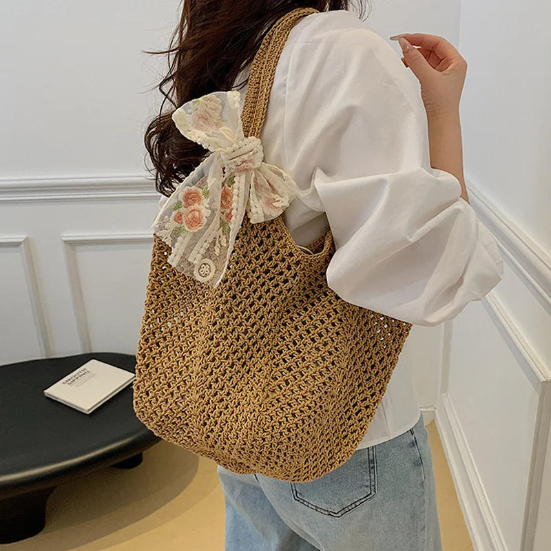 Woven Lace Bow Raffia Tote Bag