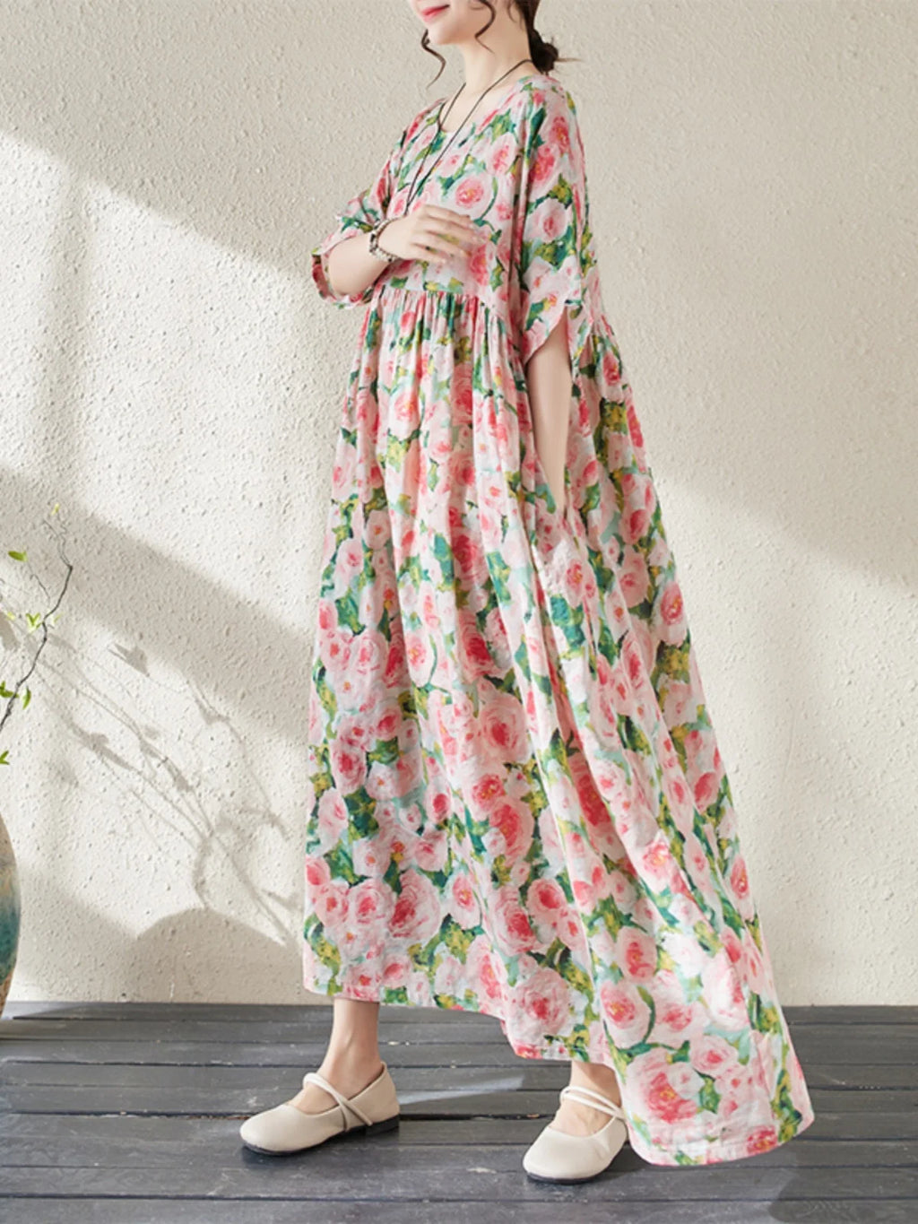 Summer Vacation Dress Women's Loose Midi Skirt Slimming A-Line Long Dress Commute Style round Neck Short Sleeve Casual Dress