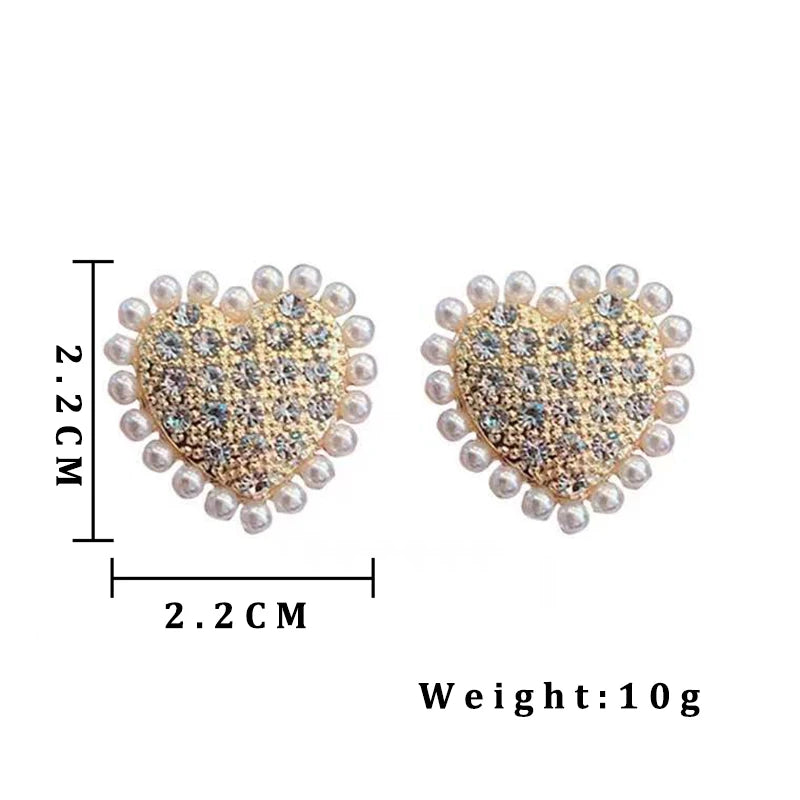 Square Pearl & Crystal Heart Stud Earrings