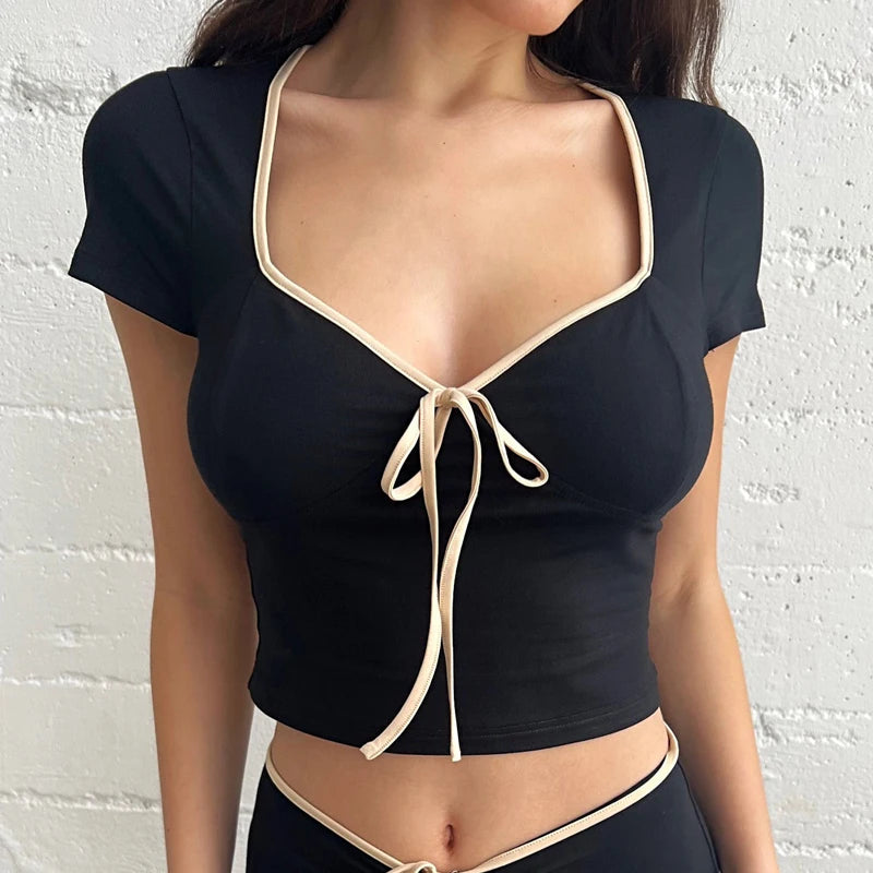 Black Bow Square-Neck Y2K Baby Tee