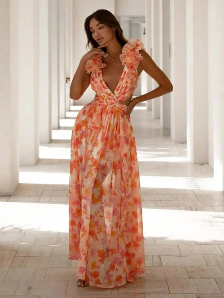 Women's Pink Floral Deep-V Ruffle Maxi Dress