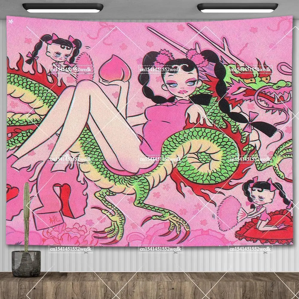 Pink Y2K Anime Girl Wall Tapestry