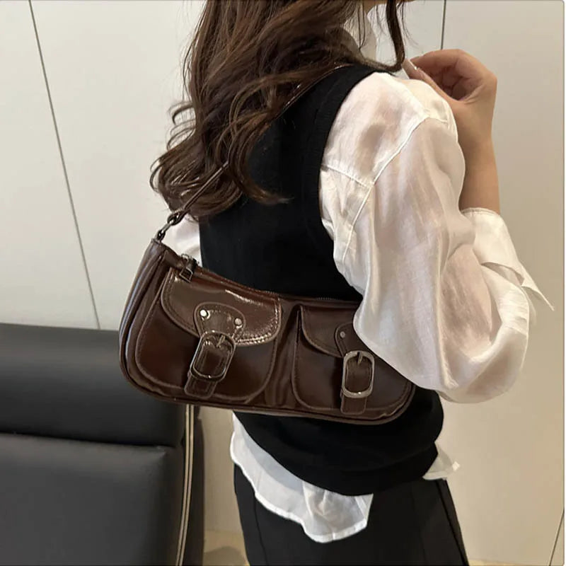 Retro Double-Pocket Faux Leather Shoulder Bag