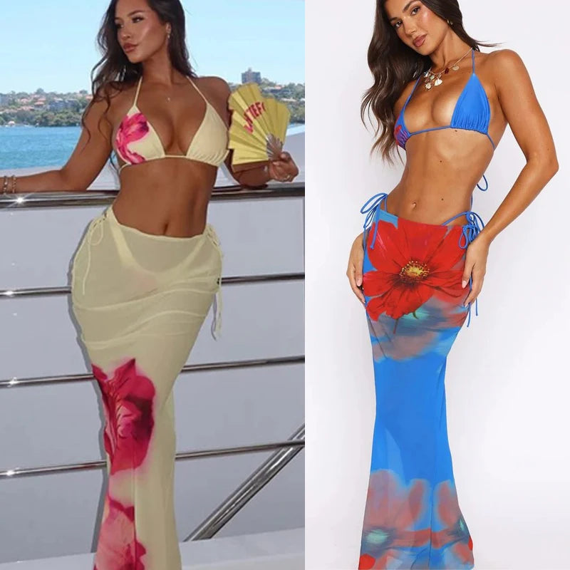 Sexy Yellow Floral 3 Pieces Bikinis Sexy Women Swimsuit Female Swimwear Bikini Set Bathing Suit Swimming Suits Beachwear Biquini