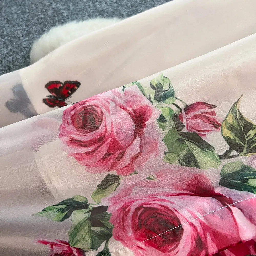 Chic vintage Sexy print mesh Spliced Fairy Summer  Women Boho Sundress women clothing Long dress