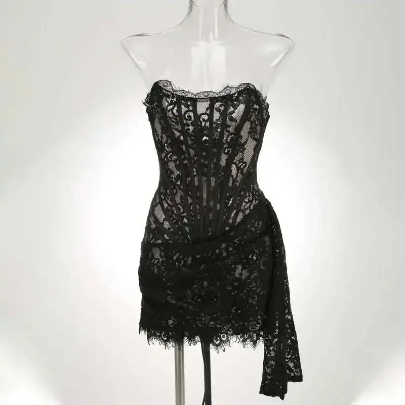 Sexy Lace See-through Corset Dress Patchwork High Waist Dress Elegant Printed Strapless Slim Evening Dress Tube Top Dress New