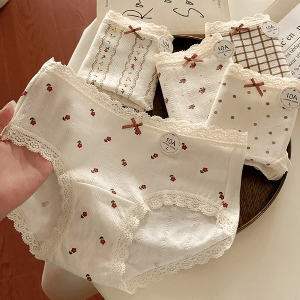 Lingerie Bow Floral Cotton Panties Stripe Polka Dot Underwear for Women Grid Lace Sweet Flower Briefs Lady