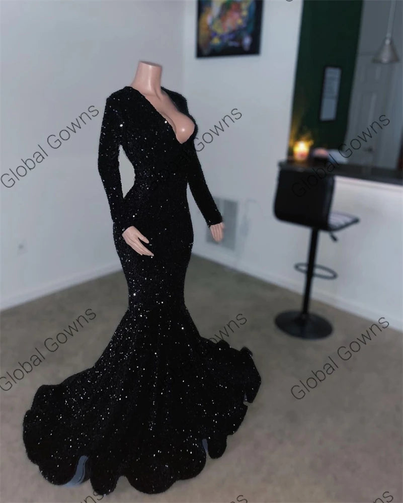 Sexy V Neck Long Prom Dress For Black Girls 2024 Sparkly Sequin Birthday Party Dresses With Full Sleeve Evening Gown Customized