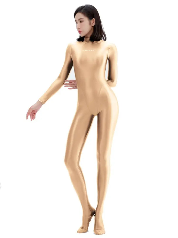 Women's Glossy Long-Sleeve Full-Length Jumpsuit