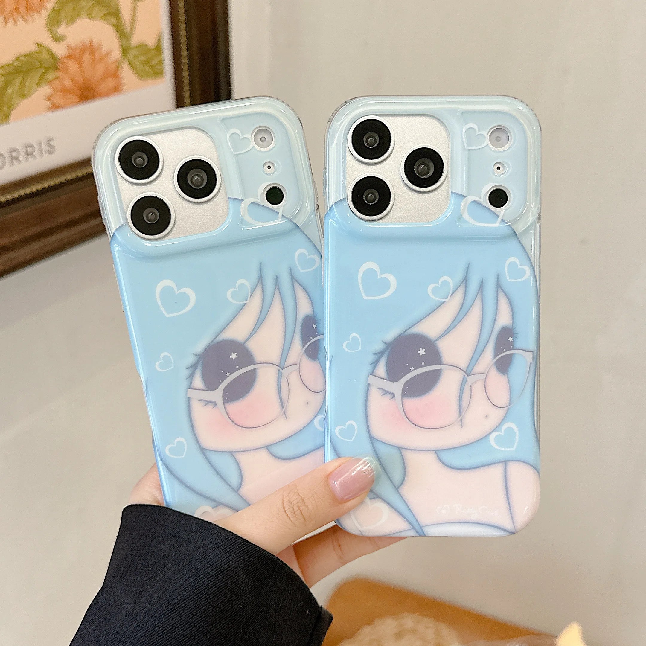 Kawaii Blue Hair Anime Girl Phone Case for IPhone17 16 15 Pro ProMax Cartoon Character with Glasses Soft Gift for Girls
