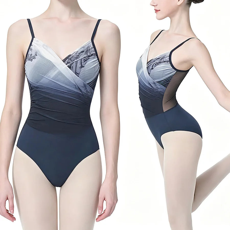 Chinese Style Elegant Lyrical Ballet Gymnastics Leotard Women Dance Leotard Pleated V-Neck Bodysuit Dancewear Clothing Adult