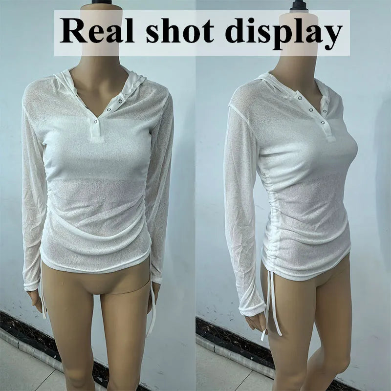 Sexy See Through Hooded Tops Women Casual Long Sleeve Thin Long Sleeve T-Shirt Female Streetwear Y2K Sun Protection White Tees