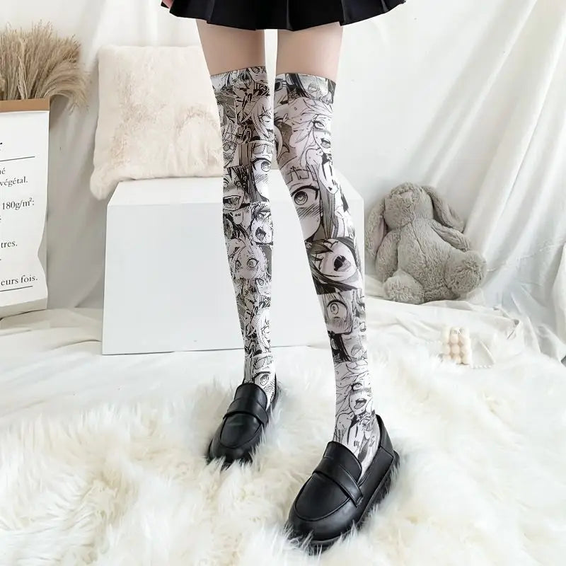 Ahegao Meme Anime Face Print Cute Kawaii Thigh High Socks Over Knee Soft Elastic Velvet Lolita Cosplay Socks Gift For Anime Fans