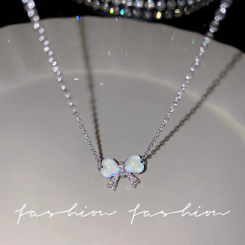Crystal Bow, Angel Wings & Heart Necklace