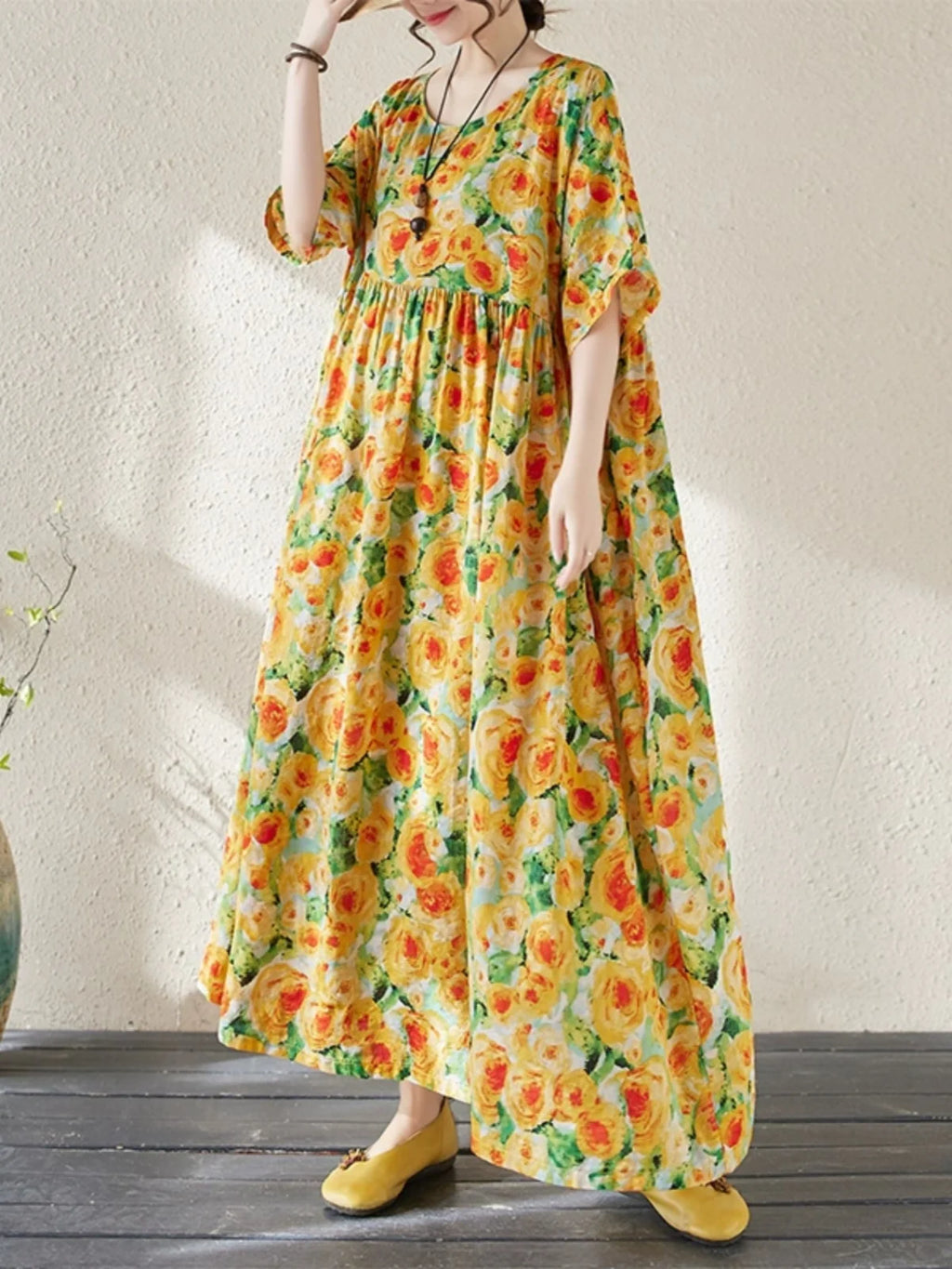 Summer Vacation Dress Women's Loose Midi Skirt Slimming A-Line Long Dress Commute Style round Neck Short Sleeve Casual Dress