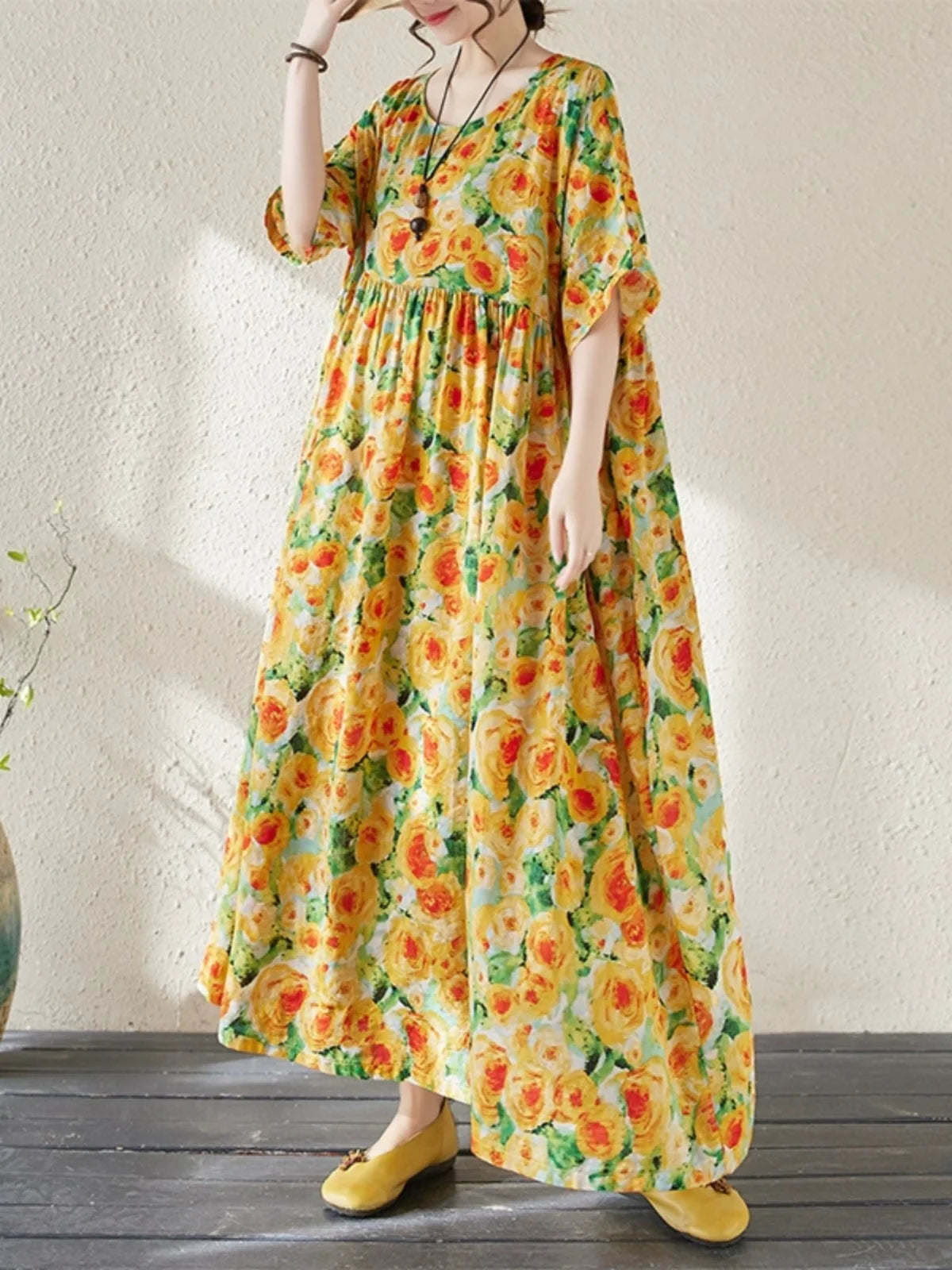 Summer Vacation Dress Women's Loose Midi Skirt Slimming A-Line Long Dress Commute Style round Neck Short Sleeve Casual Dress