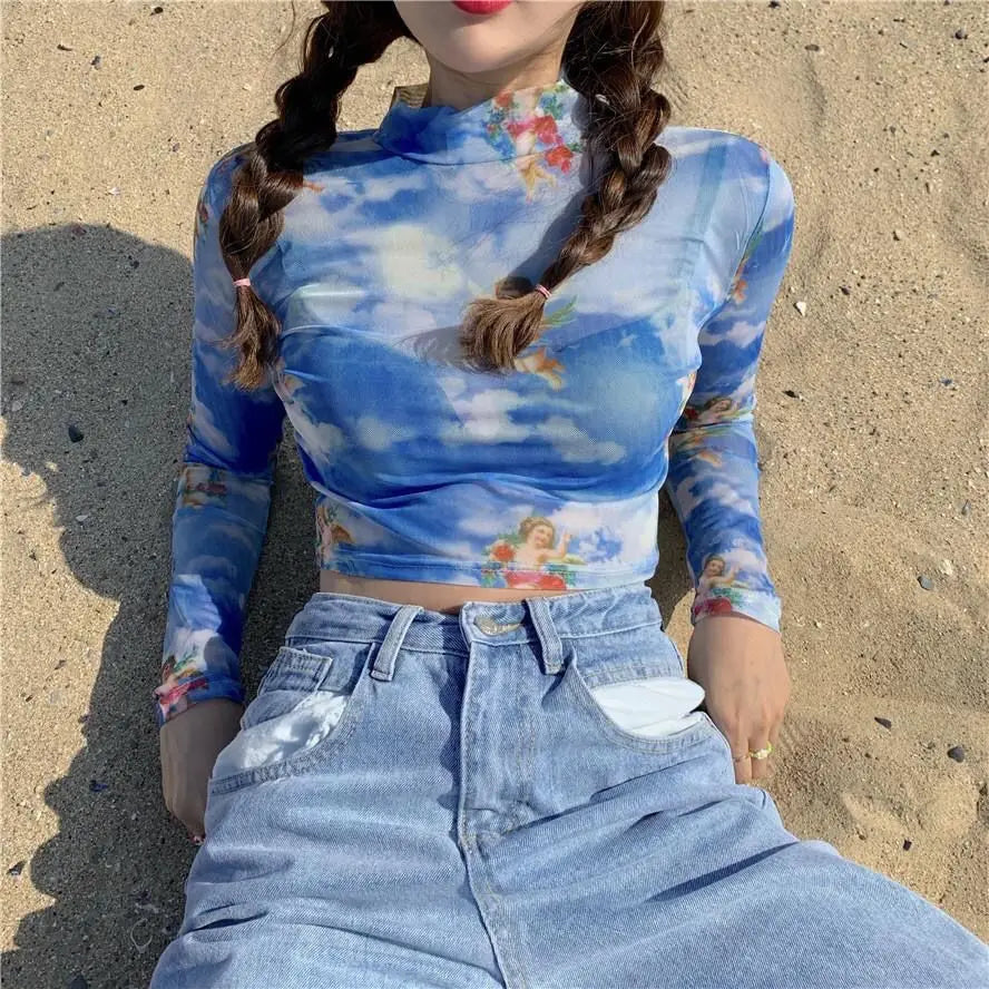 Sexy T-Shirt for Women See Through Transparent Mesh Tops Long Sleeve Sheer Slim Female clothing Fashion woman blouse 2023