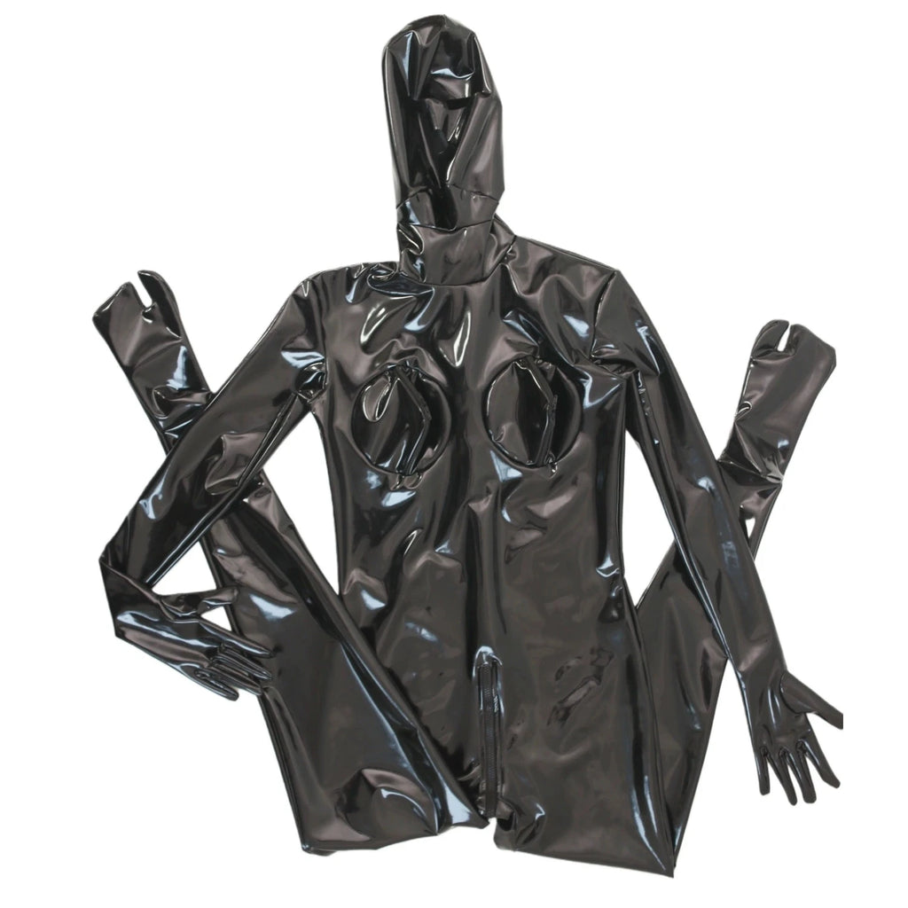 Sexy Cosplay Maid Full Bodysuit Latex Elasitc Sexy Tight PU Faux Leather Oil Shiny Catsuit Bodycon Glove Sleeve Jumpsuit