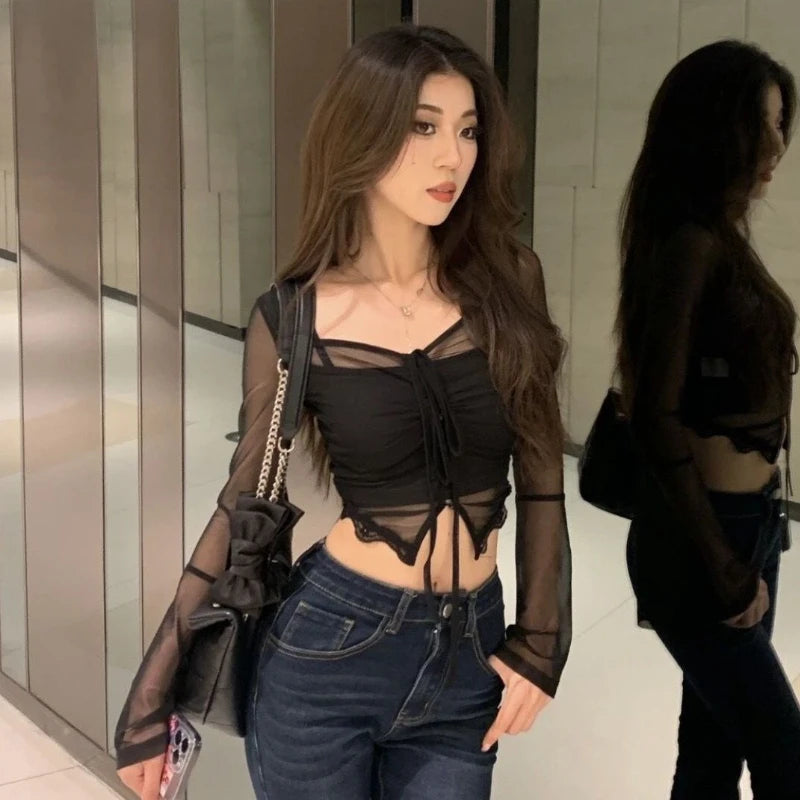 Sexy Halter T-shirts Women Clothes Hot Female Crop Tops Korean Fashion Ladies Streetwear See Through Long Sleeve Tees Pure Basic