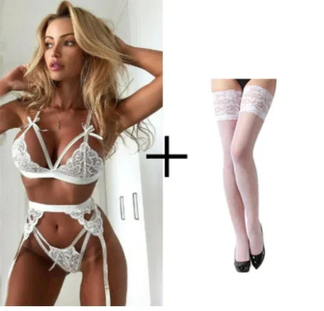 Women's Lace Bra, Panty & Garter Lingerie Set