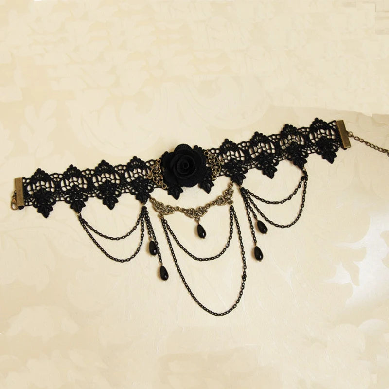 New Collares Sexy Gothic Chokers Crystal Black  Rose Lace Neck Choker Necklace Vintage Victorian Women Choker Steampunk Jewelry