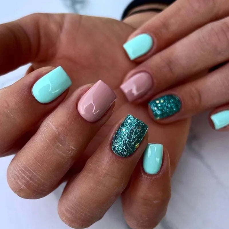 Pink Glitter French Short Square Press-On Nails
