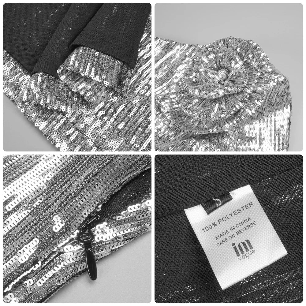 PB Sexy Silver One Shoulder Sequin Long Dress with 3D Structured Flower Slim Elegant Club Party Evening Gowns Vestidos