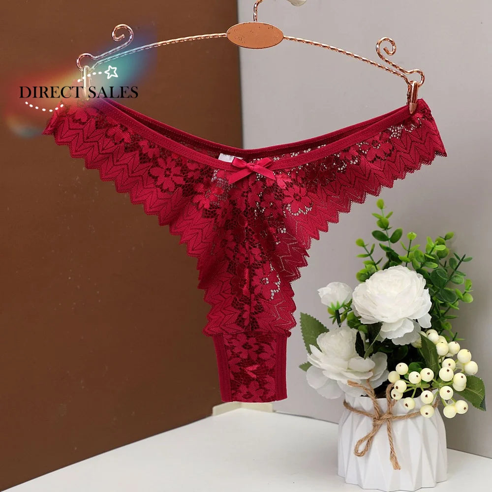 Lingerie Bow Flower Lace Seamless Thong Transparent Panties Underwear for Women Mid Waist Hollow Mesh Lace Briefs Comfortable