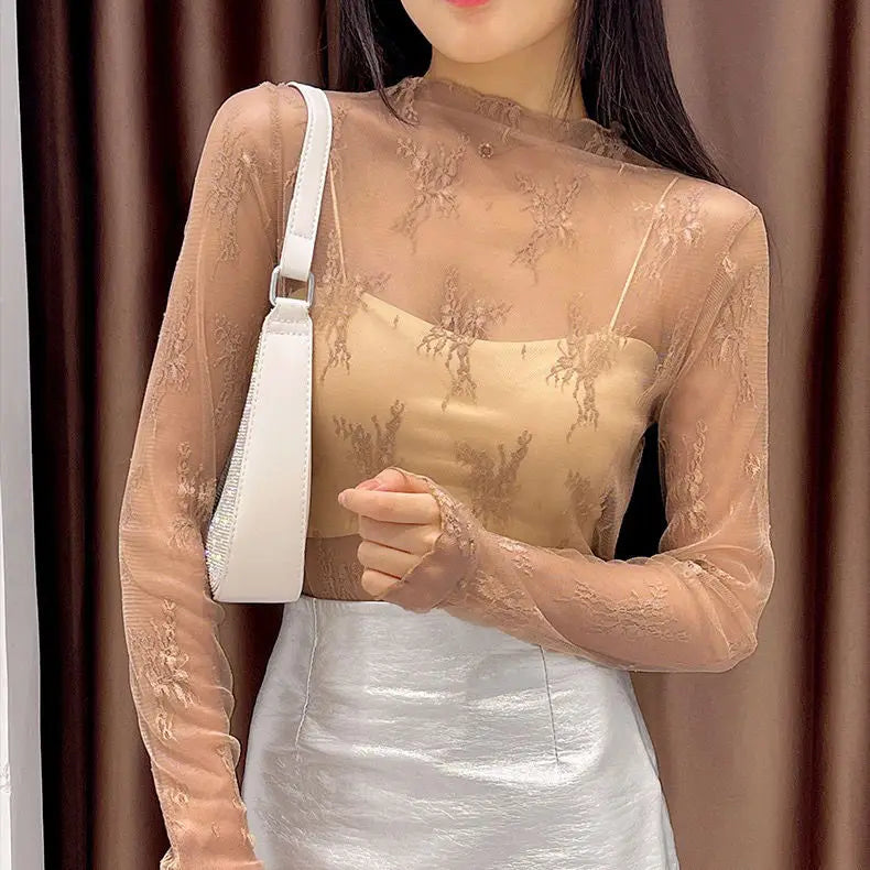 Women's Sheer Mesh Long-Sleeve Turtleneck Crop Top