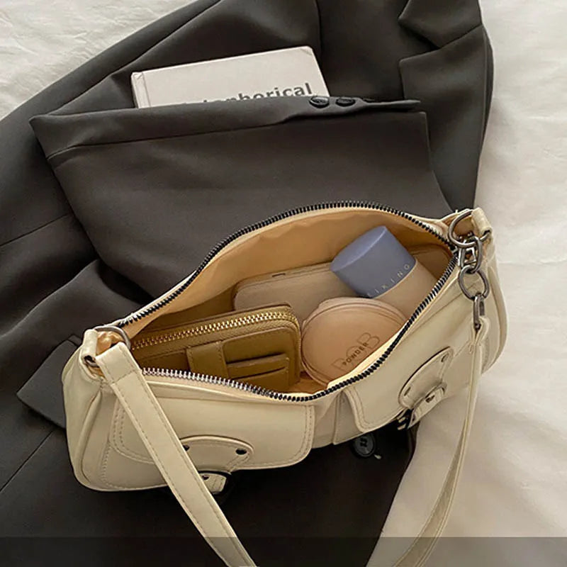 Retro Double-Pocket Faux Leather Shoulder Bag