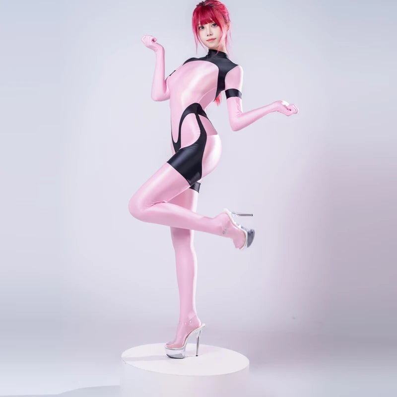 Sexy women gloss see through swimsuit Oil shiny back zipper jumpsuit body suits japanese swimsuit play the role Tights