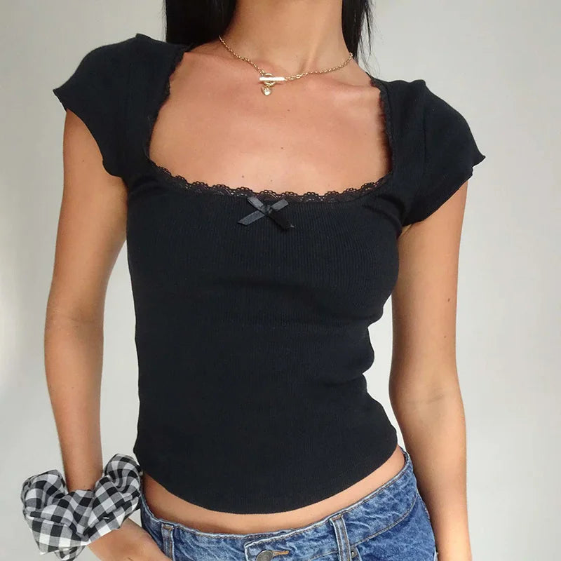 White Lace-Trim Square-Neck Milkmaid Crop Top