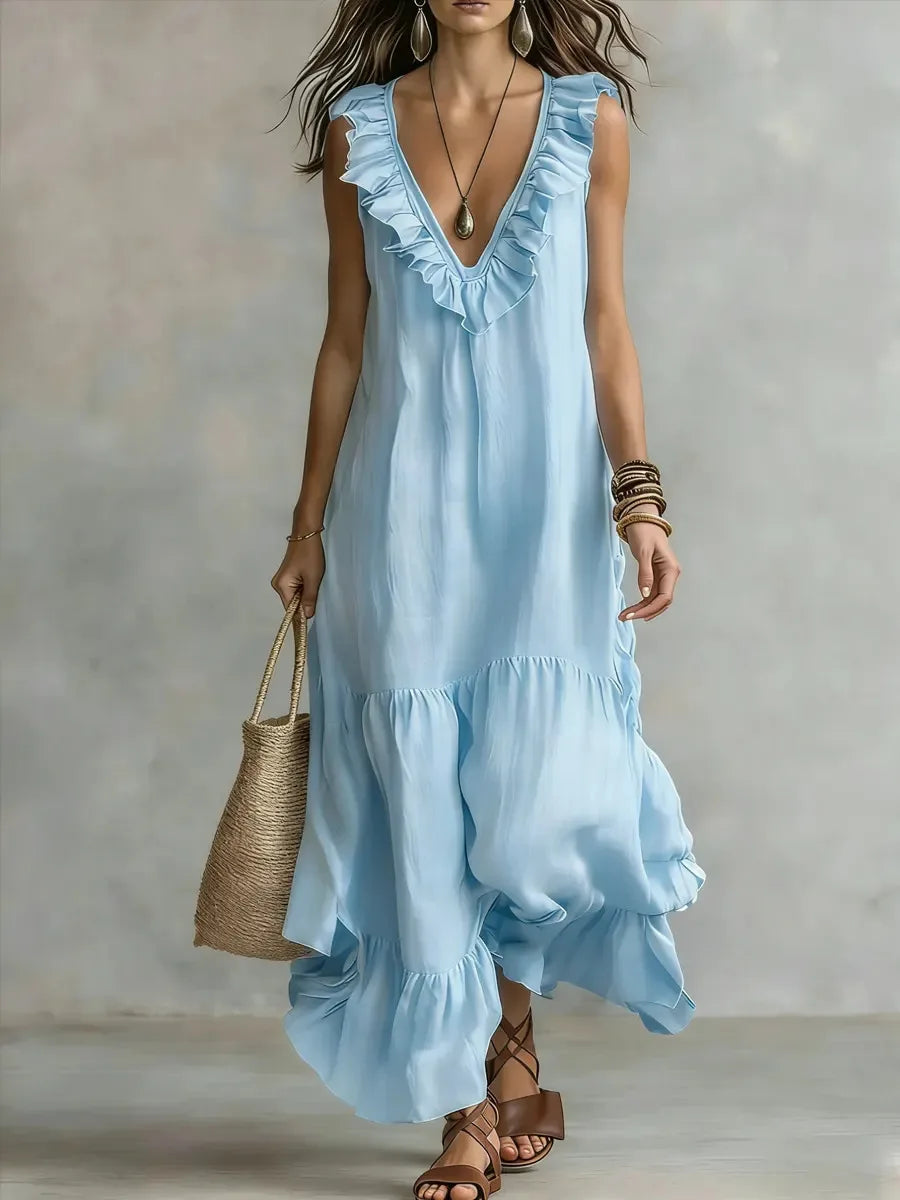 Women's Cotton-Linen V-Neck Ruffle Beach Dress