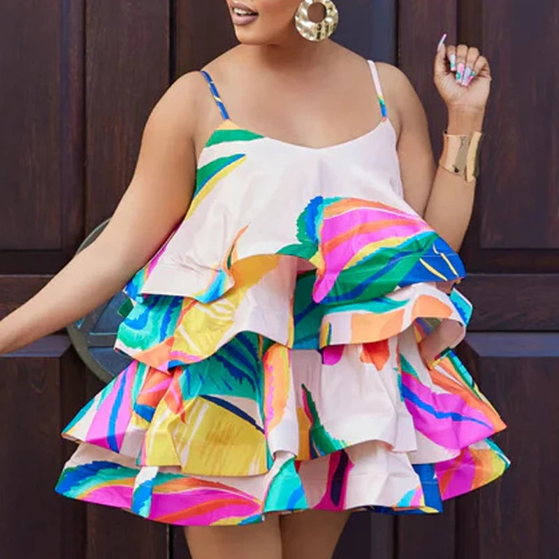 Sexy Suspender Backless Women Party Dress Spring Vintage Printed Hollow Mini Dress Fashion Layered Ruffles Summer Beach Dresses