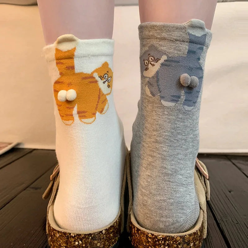 1/3 Pair Three-Dimensional Cat Printed Men Female Mid Tube Socks Soft Comfortable Sweat Absorbing Breathable Casual Couples Sock