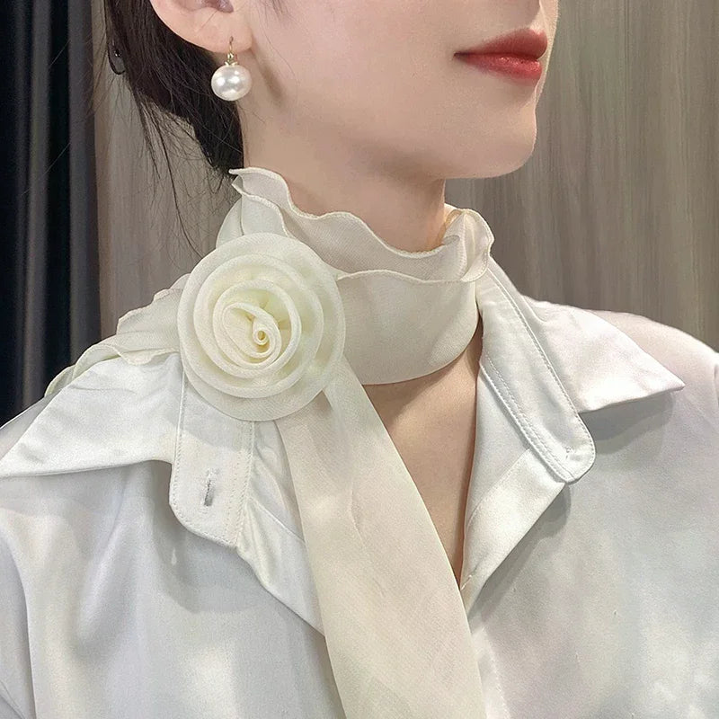 Fashion Rose Flower Silk Scarf Versatile Soft Neckerchief For Women Girls Temperament Long Ribbon Tie Scarf Office Clothes Gifts
