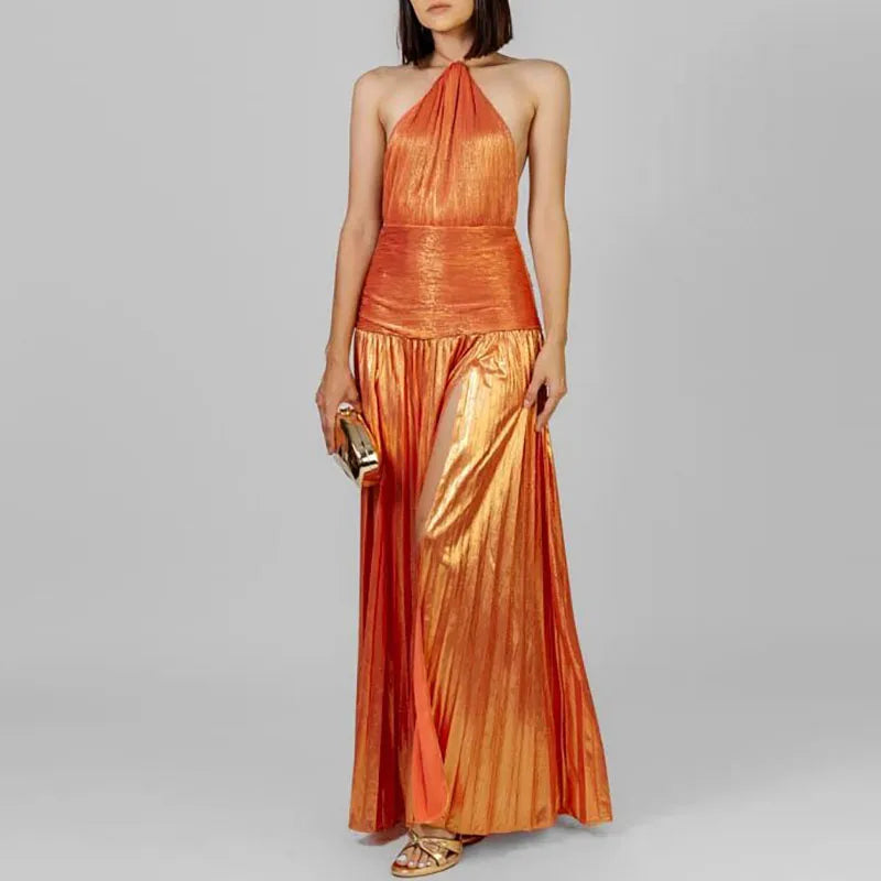Gold Sexy Halter High Split Gowns Evening Dress Woman Chic Solid Hollow Pleated Long Dress Spring Summer Backless Zip Maxi Dress